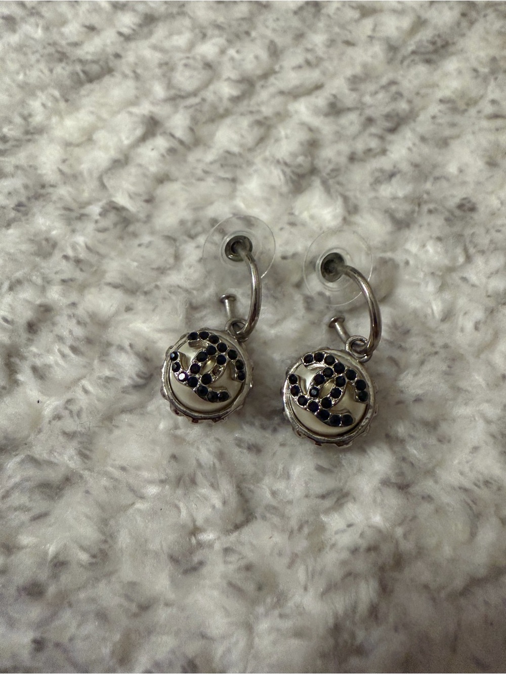 Chanel CC Faux Pearl & Black Crystal Drop Hoop Earrings